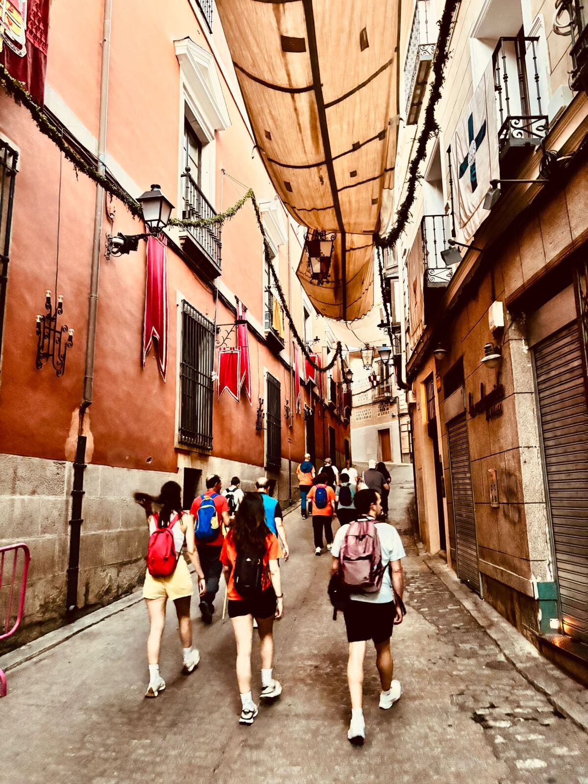 Peregrinos recorriendo una calle engalanada
